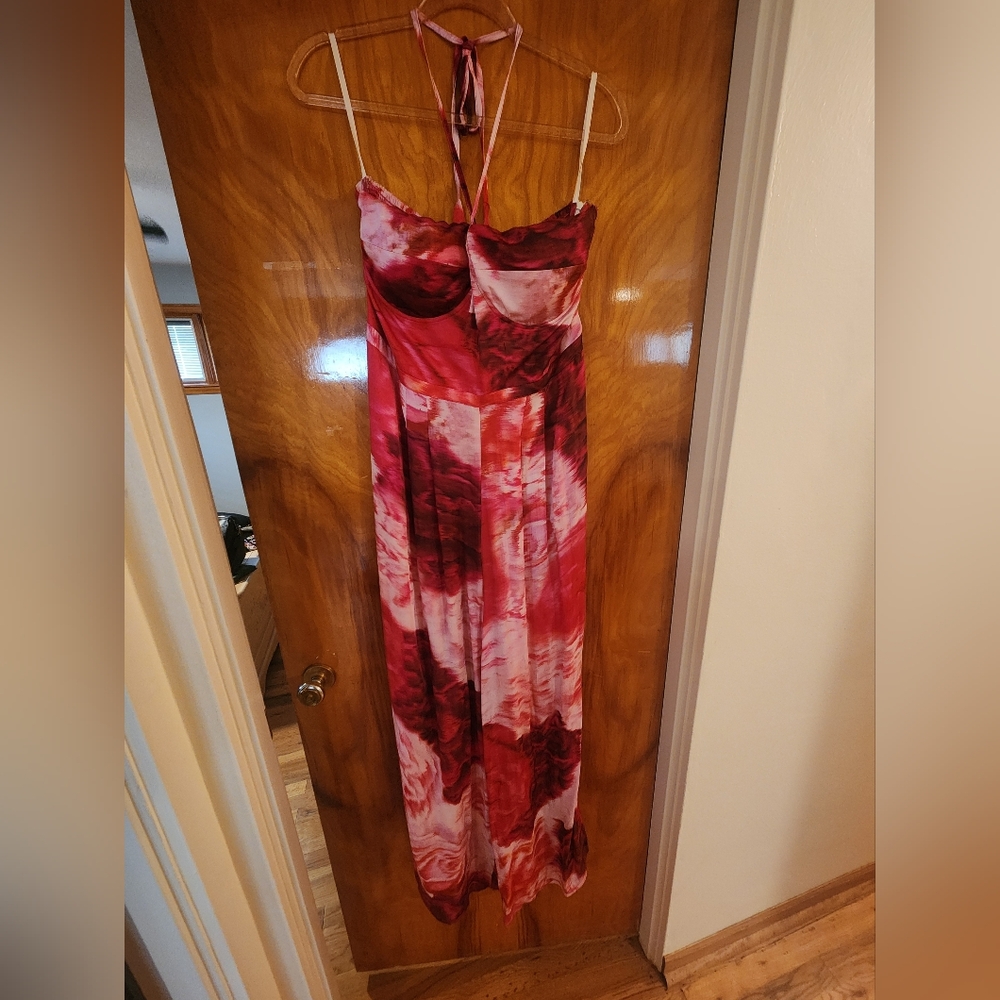 Anthropologie Red and Pink Rose Print Jumpsuit
